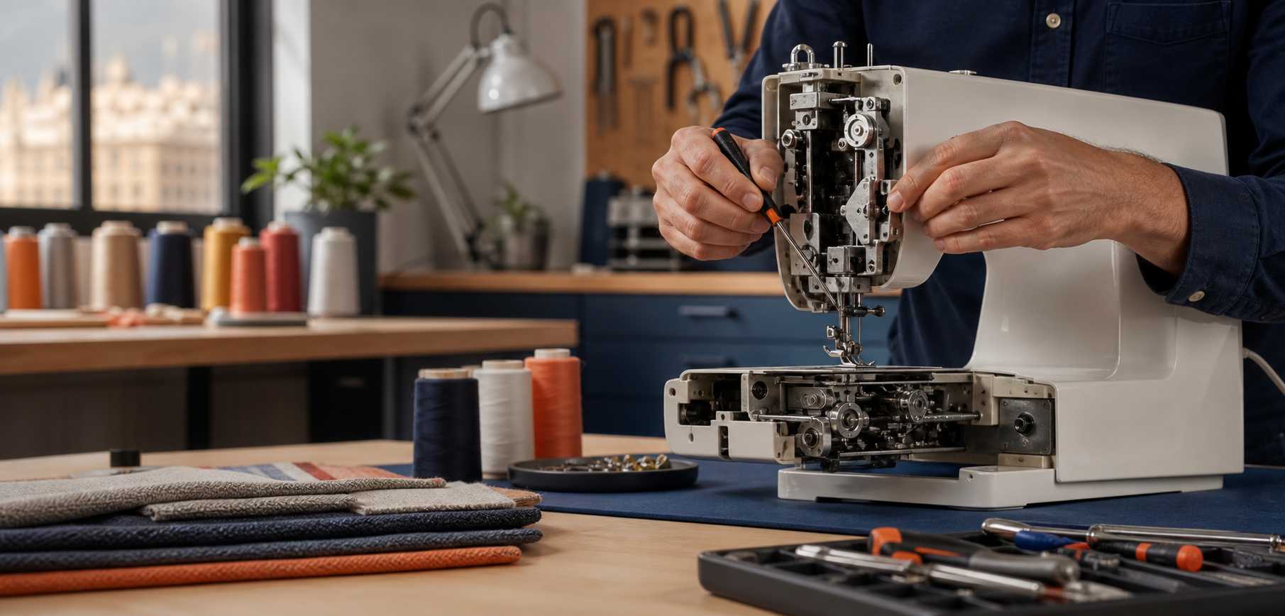 Técnico revisando una máquina de coser en taller