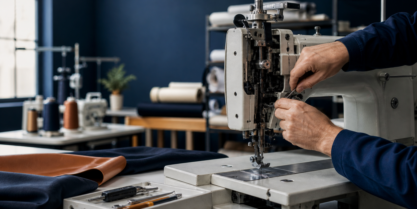 Técnico ajustando una máquina de coser industrial en taller textil