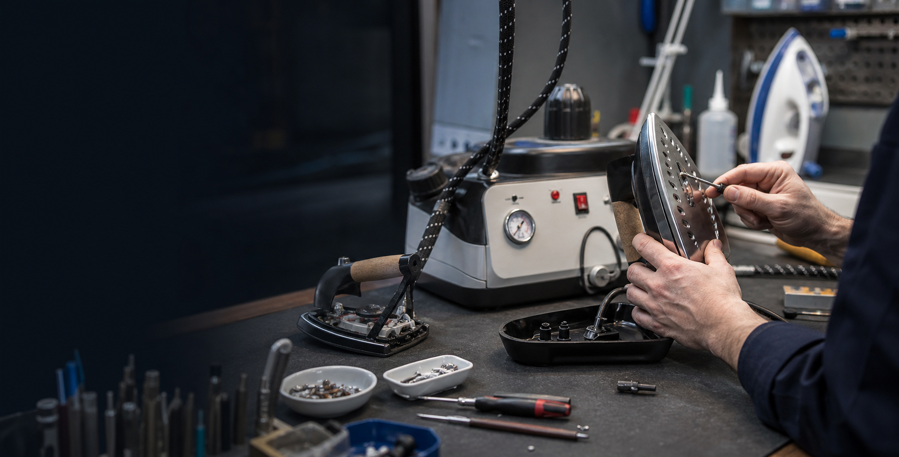 Técnico reparando una plancha de vapor y un centro de planchado
